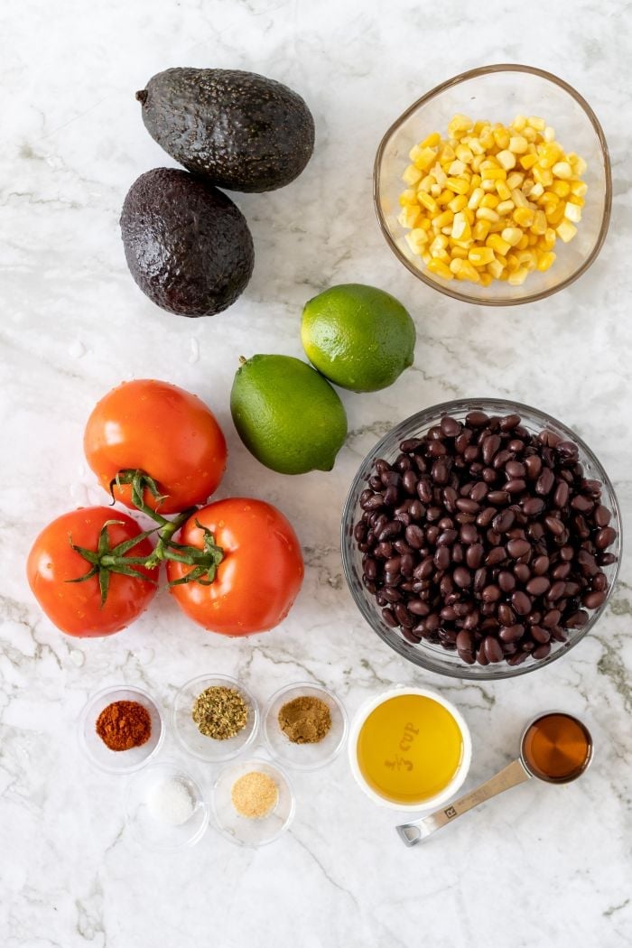 a top down view of the ingredients used in Mexican Avocado Salad